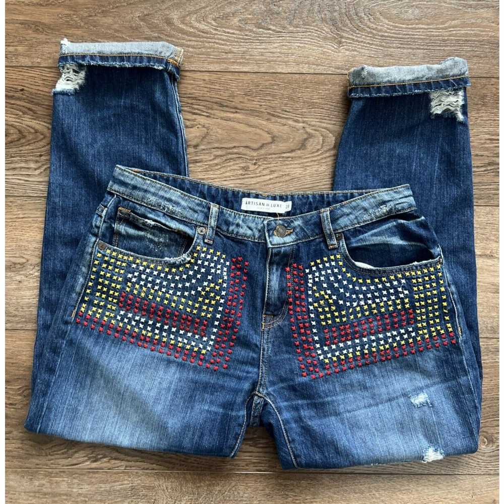 Artisan De Luxe Jean Women 28* Embroidered Distressed Ankle Mid-Rise Boho Hippie - Picture 11 of 12